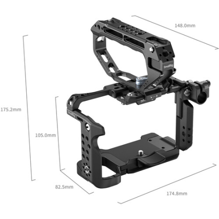SmallRig 6775 - zaawansowana klatka do Sony FX5 z uchwytem górnym, paskiem na rękę, zaciskiem pręta 15mm i adapterem PL-E - wymiary